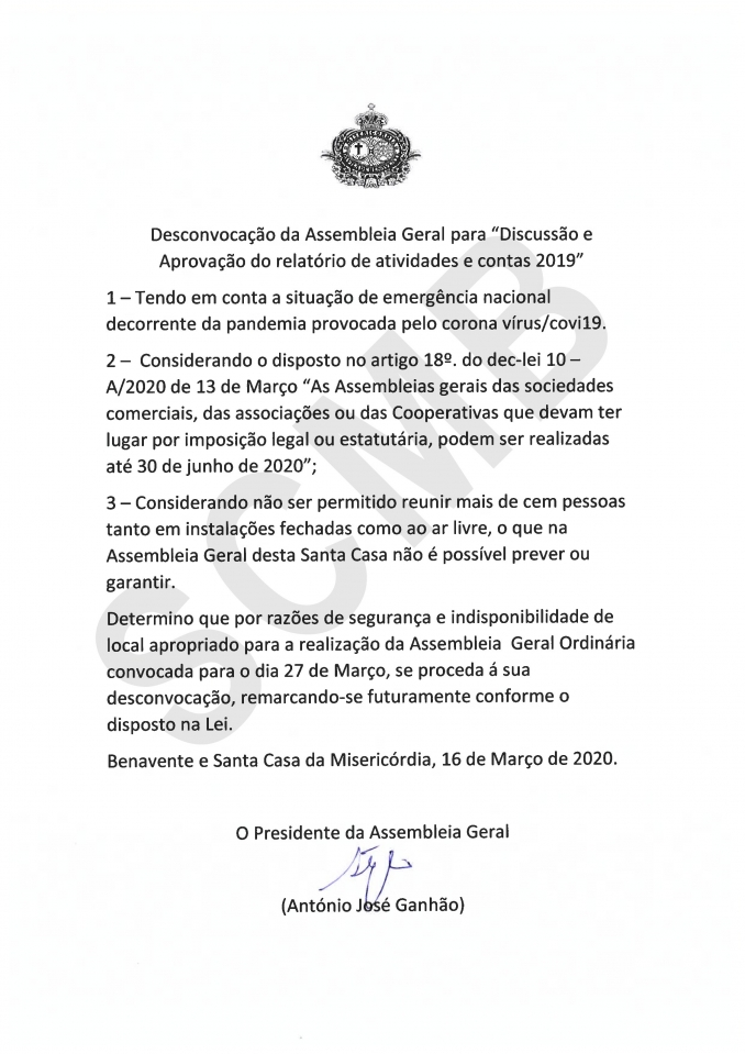 Desconvocação da Assembleia Geral - Corona Virus / Covi19 - Misericórdia de Benavente